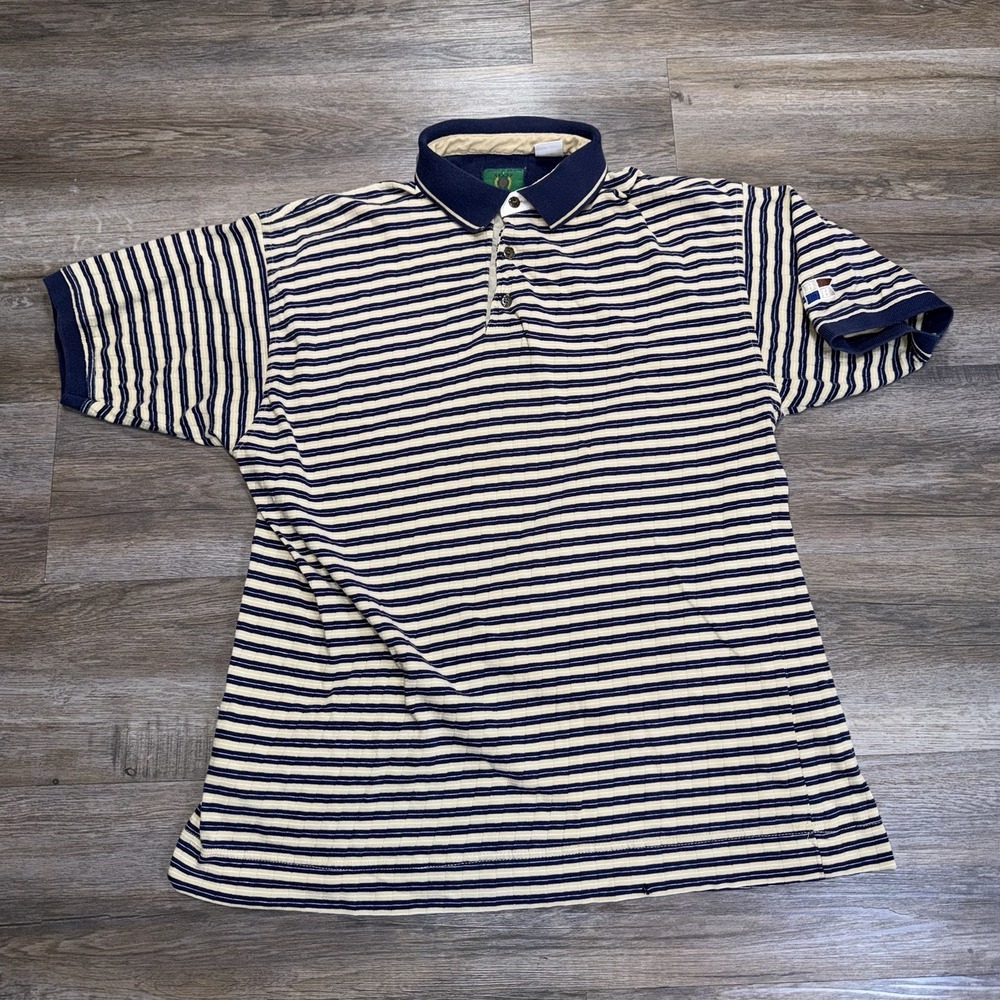 VTG 1990s Bugle Boy Signature Golf Polo Shirt Mens Medium Navy Cream Striped